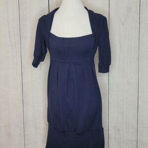 Rhapsody Navy Blue Square‎ Neck 3/4 Sleeve Pleated Bubble Hem Dress M